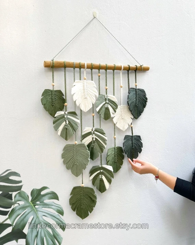 Monstera Leaves Handmade Wall Decor, Green Leaf Macrame Wall Hanging, Scandinavian Decor, Boho Nursery Decor, New Home Gift, Mother Day Gift