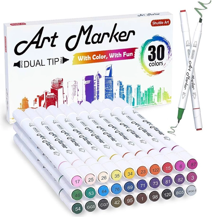 Shuttle Art 30 Colours Alcohol Markers, Dual Tip Art Markers for Drawing, Sketching Highlighting, Marker Pens for Artists and Adult Colouring Manga Design