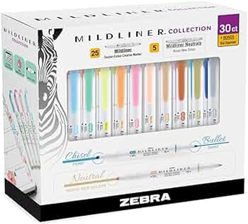 Mildliner Highlighters, Double Ended Highlighter, Broad And Fine Tips, Pastel and Neutral Colors Midliner Pens, 30 Pack
