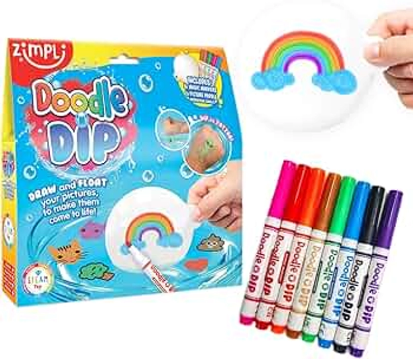 Doodle N Dip from Zimpli Kids, Draw and Float Your Pictures and Add Them as Temporary Tattoos, 8 x Magic Markers & Picture Paddle, Magical Water Colouring Painting Pens, Creative Toy for Children