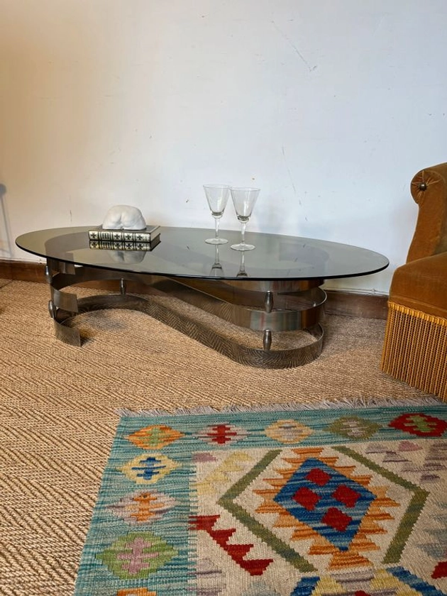 Table basse vintage chrome et verre fumé design Knut Hesterberg