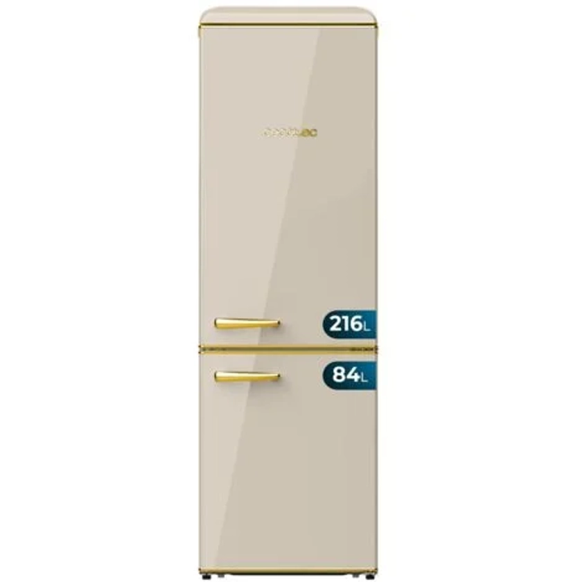 Cecotec Réfrigérateur Combi 2 portes Retro de 300 L Bolero CoolMarket Combi Origin 300 Beige E. Hauteur 191,5 cm et 60 de Largeur, Contrôle de Température, Poignée chromée et Plateaux de verre, Beige