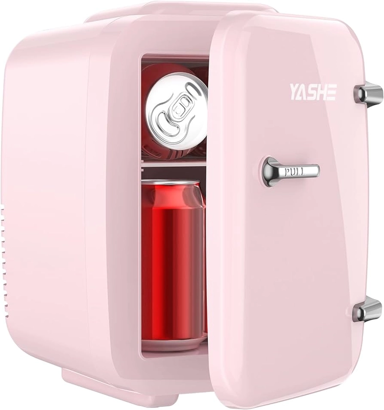 YASHE Mini Fridge, 4 Liter/6 Cans Small Fridgerator for Bedroom, AC/DC Thermoelectric Cooler and Warmer for Skincare Drink Office Dorm Car, Pink