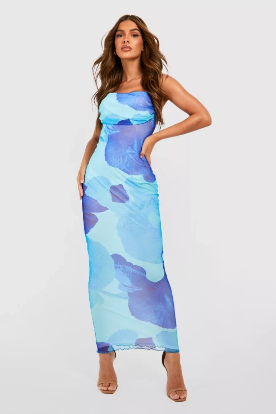 Abstract Floral Print Mesh Maxi Slip Dress