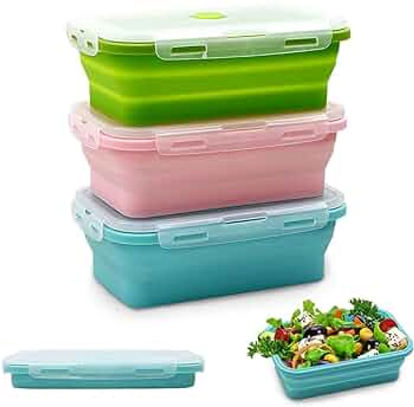 Alimat PluS Silicone Food Storage Containers with Lids - 3 Pack Set 1200ml Collapsible Meal Prep Lunch Containers Bento Boxes - Microwave, Freezer and Dishwasher Safe