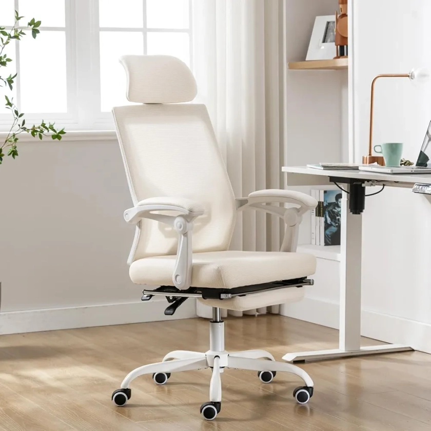 UEV Chaise Bureau Ergonomique, Chaise de Bureau avec roulettes et Accoudoirs, Hauteur et Appui-tête Réglable, Repose Pieds, Capacité 136kg, Fabriquer en Maille Respirant, Beige