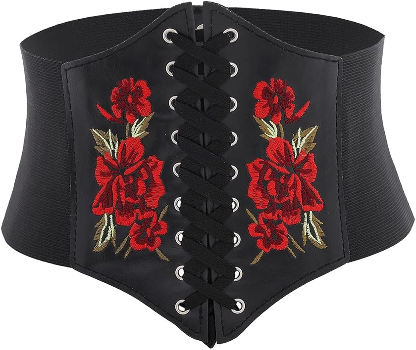 Urieo Elastic Rose Embroidered Lace-up Corset Belt Stretchy Tied Black Waspie Belts Wide Halloween Party Dress Cincher Waist Belt for Women at Amazon Women’s Clothing store