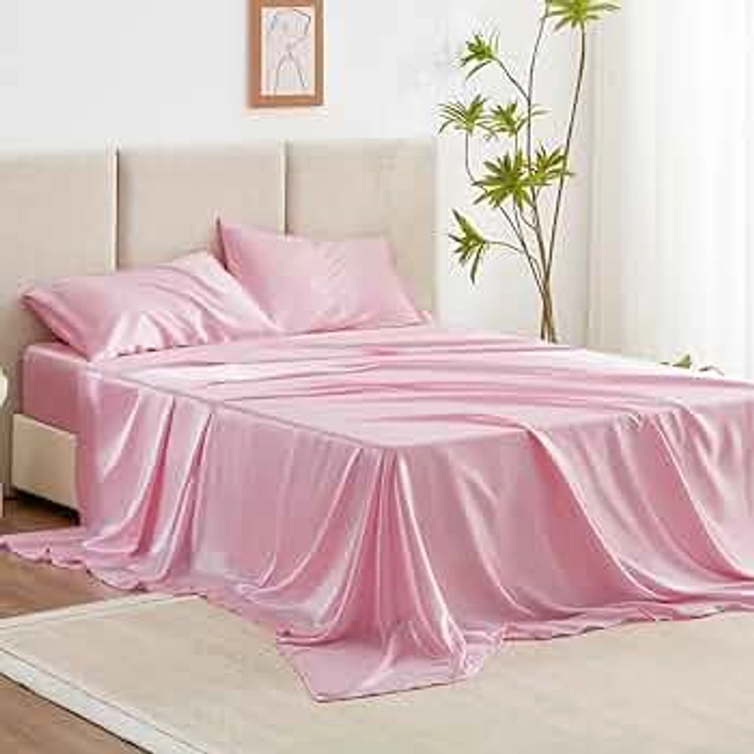 Love's cabin Full Size Satin Sheet Sets - 4 Piece Pink Silky Satin Sheet Set Full with Deep Pocket, Luxury Silk Feel Satin Bed Sheets Full Bedding Set (1 Flat Sheet,1 Fitted Sheet,2 Pillow Cases)