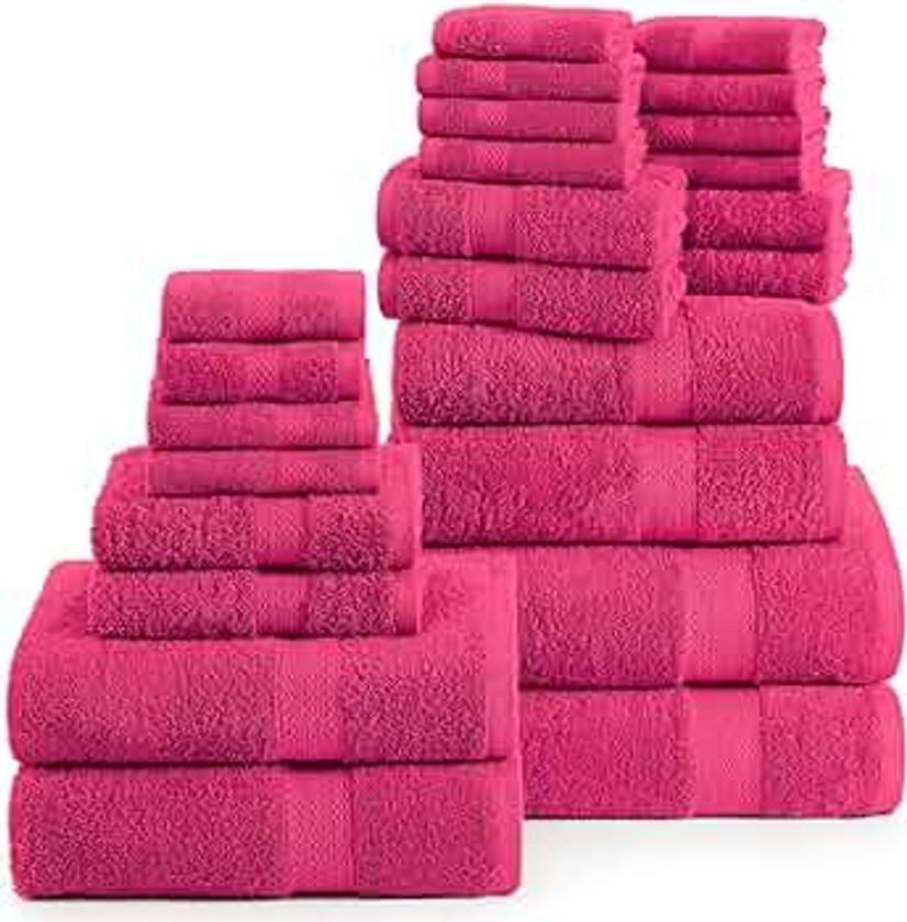 LANE LINEN 100% Cotton Bath Towel Sets for Bathroom 24 piece - Travel Towel, 8 Face Wash Clothes, 4 Fingertip Towels for Bathroom, 4 Oversized Bath Towels, 6 Bath Hand Towels, 2 Bath Sheets - Fuchsia