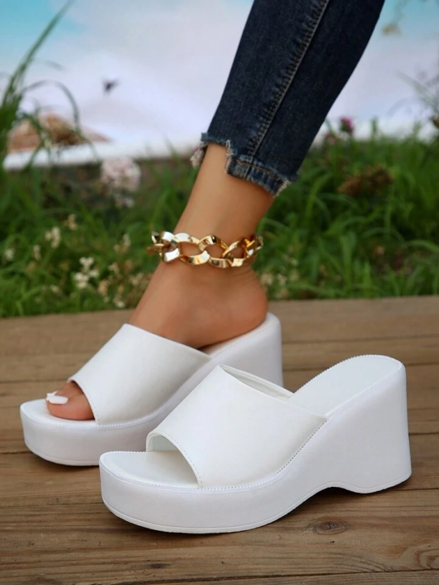 Women Single Band Sandals, Elegant White Wedge Slide Sandals | SHEIN USA