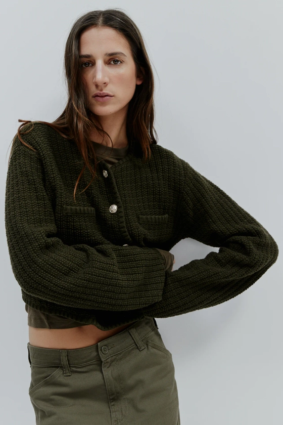 Short textured-knit cardigan - Round neck - Long sleeve - Dark khaki green - Ladies | H&M GB