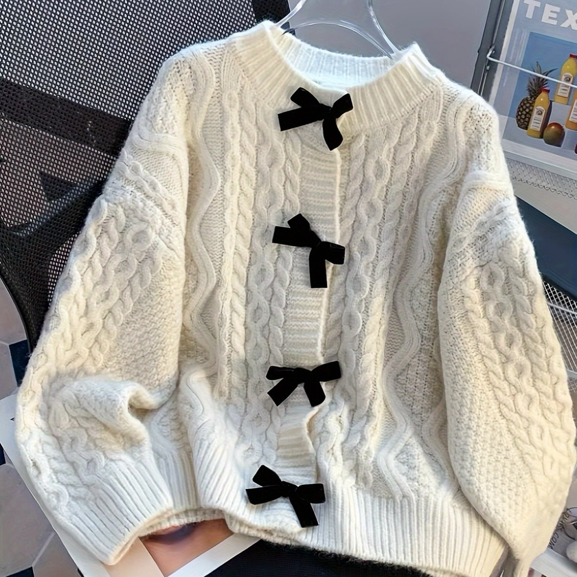 Cardigan à col rond et nœud sur le devant en maille torsadée, cardigan décontracté à manches longues pour l&#39;automne et l&#39;hiver, vêtements pour femmes