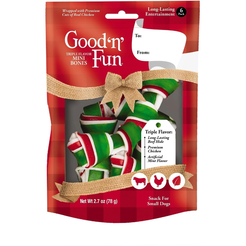 Good 'n' Fun Holiday Triple Flavor Mini Bones Dog Treats, 6 count