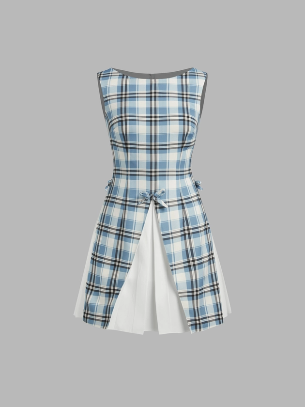 Woven Boat Neck Checks Bowknot Mini Dress For Work