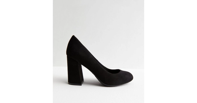 Wide Fit Black Suedette Block Heel Court Shoes | New Look