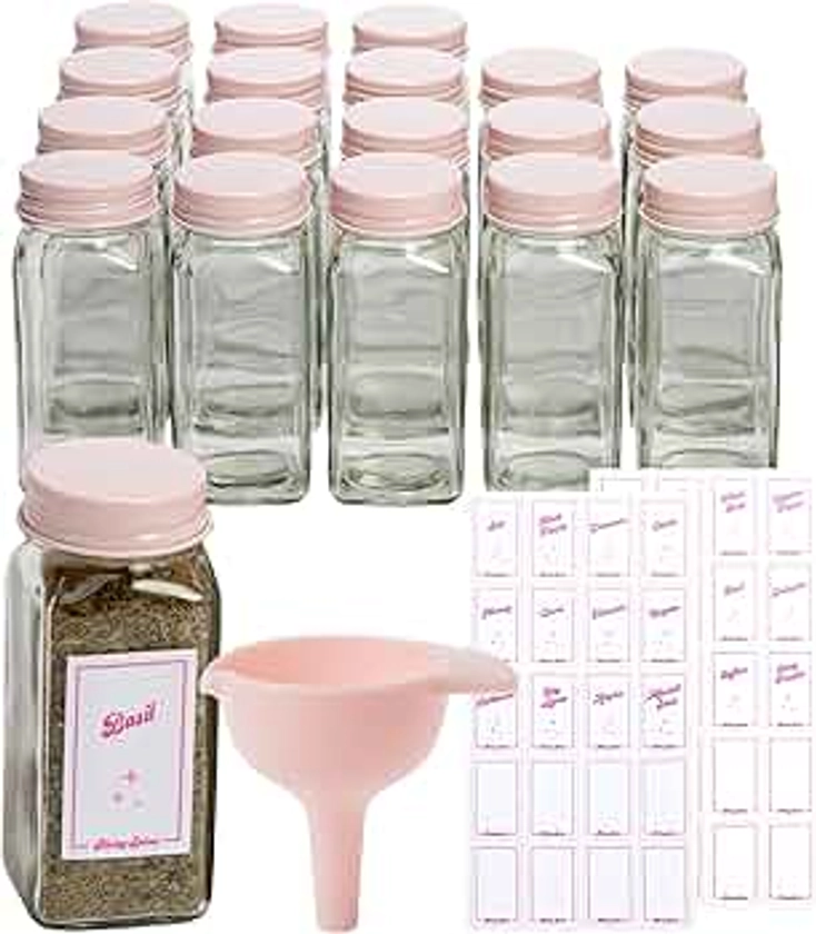 Paris Hilton Glass Spice Jar Storage Set, 4-Ounce Empty Spice Jars with Labels, Shaker Caps and Metal Lids, Collapsible Funnel Included, 25-Piece, Pink