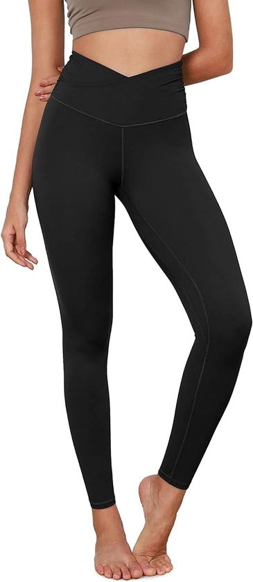ODODOS Women's Cross Waist Yoga Leggings with Inner Pocket, 23"/25"/28" Gathered Crossover Workout Yoga Pants