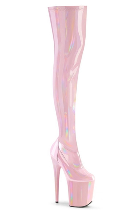 Baby Pink Holo 8" Heel Thigh High Platform Boot