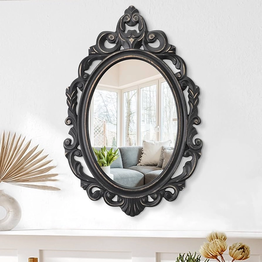 Black Oval Wooden Frame Vintage Wall Mirror Baroque Style Arendahl Traditional Carved Hanging Mirror for Wall Decorative Antique Mirror Aesthetic for Vanity Bedroom Living Room Kitchen Entryway
