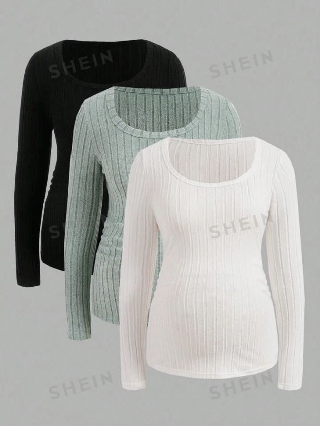 SHEIN 3pcs/Pack Solid Color Ribbed Maternity Long Sleeve T-Shirt