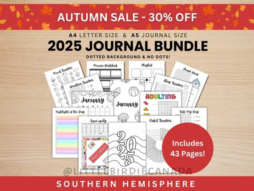 2025 Journal Bundle SOUTHERN HEMISPHERE - PRINTABLE Journal Pages - Digital Planner Pages - A5 & A4 Size - 43 Journal Pages - Dots - No Dots