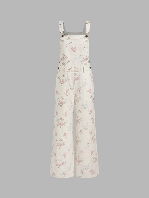 Woven Cotton 100% Cotton Square Neck Floral Buckle Up Pocket Jumpsuit For Daily Casual