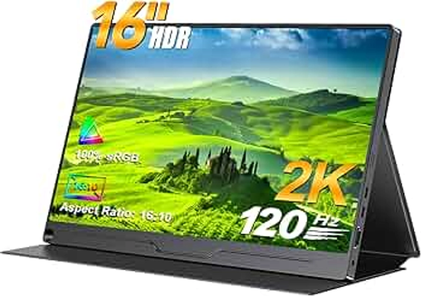 UPERFECT 120Hz Portable Monitor 16 Inch 2K Gaming Monitor Support Freesync/2560 x 1600/HDR, Laptop Monitor with VESA IPS 16:10 Contrast Standard HDMI/Type-C, for PC/Laptop/PS3 4/Phone
