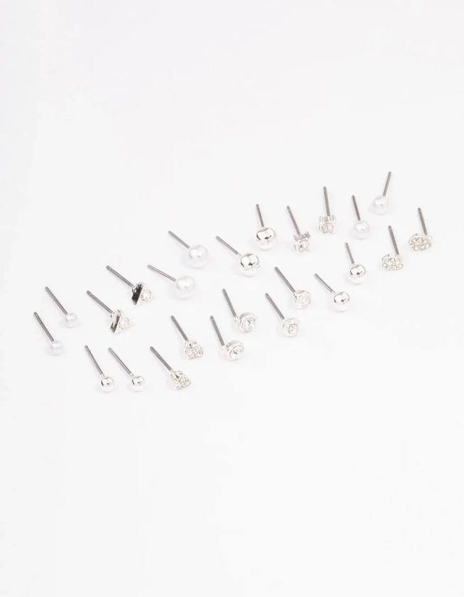Silver Classic Pearl & Stone Earring 12-Pack