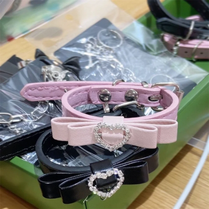 Pulsera de cuero con diamantes de imitación y lazo para mujer y niña, brazalete con forma de corazón, estilo Harajuku, Lolita, Y2k, estética, 2023 - AliExpress