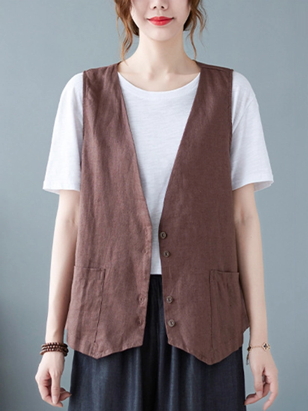 Simple Loose V-Neck Solid Color Vest