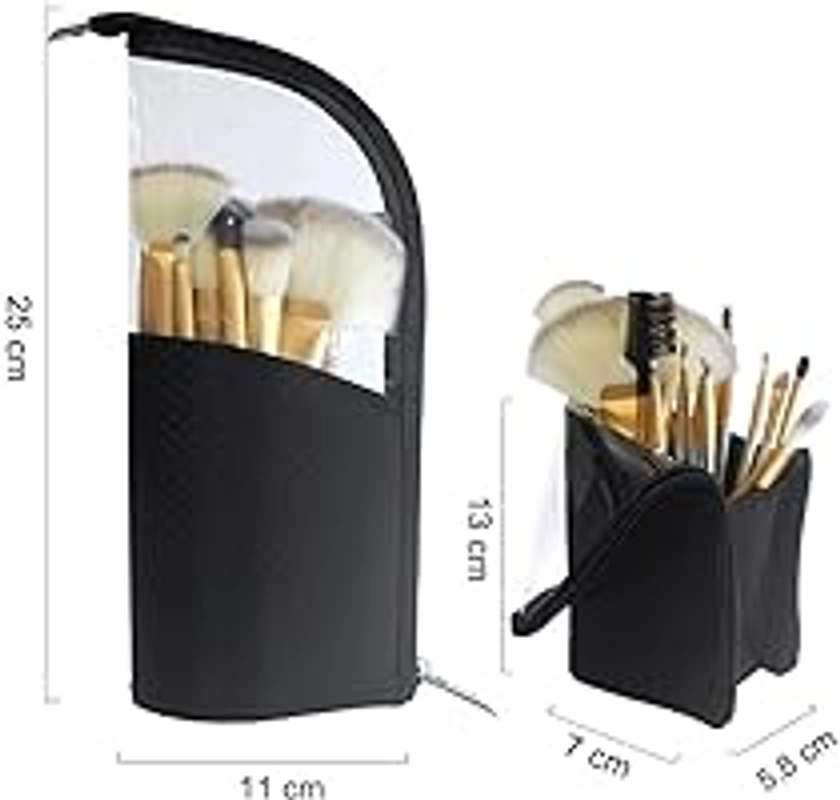 Black Travel Makeup Brush Holder, FIYUK Pencil Pen Case Organizer Bag Cosmetic Zipper Pouch Portable Waterproof Dust-Free Stand-Up Toiletry Stationery Bag with Divider