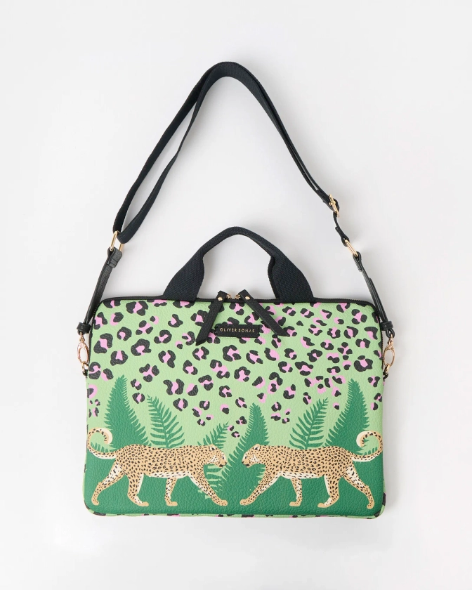 Leopard Green & Pink Crossbody Laptop Bag | Oliver Bonas