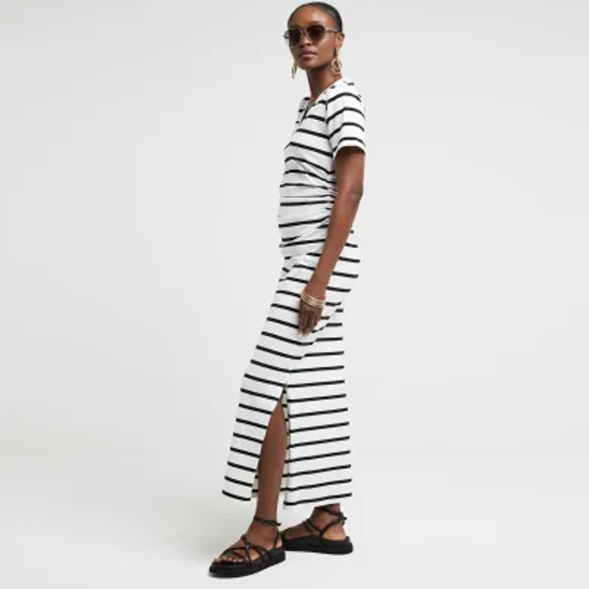 White stripe ruched t-shirt midi dress