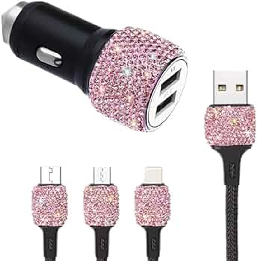 Crystal Car Chargers Dual USB Bling Bling Handmade Rhinestones for 1M Fast Charging Cable Car Decors for iPhone, iPad Pro/Air 2/Mini, Samsung Galaxy Note 9 8 S9 S9+,LG