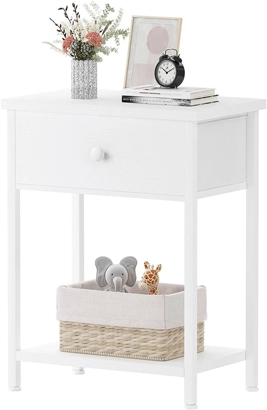 White Nightstand with Drawer, Small Night Stand with Shelf Storage End Table for Bedroom, Dorm, Modern Bedside Tables