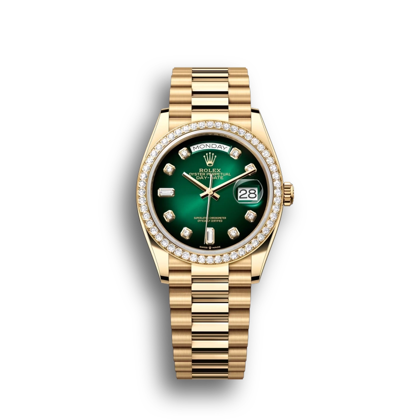 Rolex Day-Date: 36 mm, Yellow gold, green ombré, diamond-set dial, diamond-set bezel, President bracelet, m128348rbr-0035