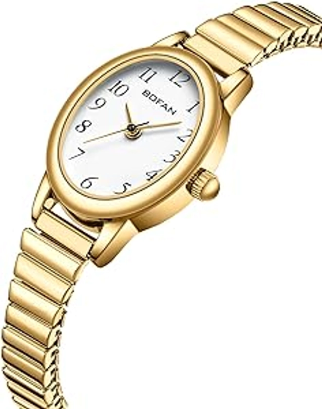 BOFAN Small Gold Watches for Women Easy Read Ladies Quartz Wrist Watches with Stainless Steel Expansion Band,Waterproof.