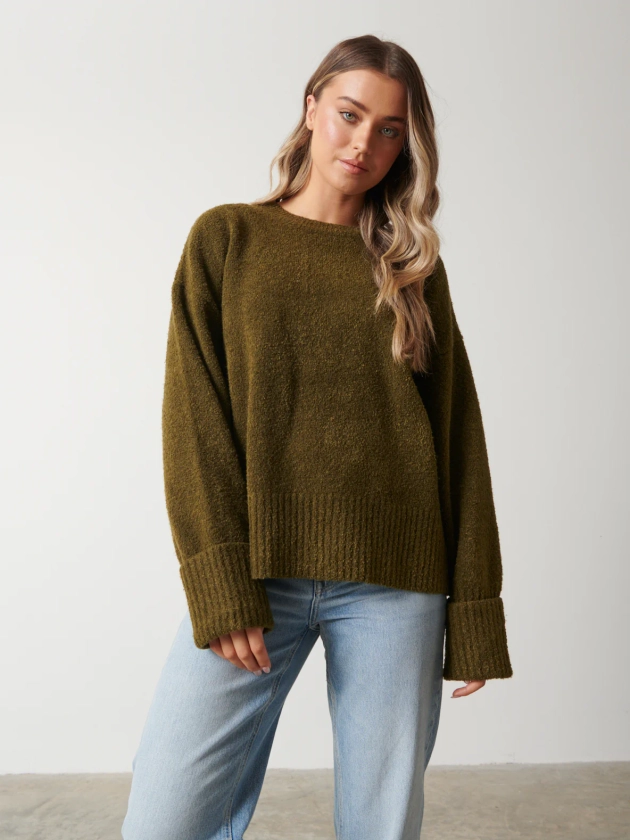 Camille Oversized Borg Jumper - Dark Olive