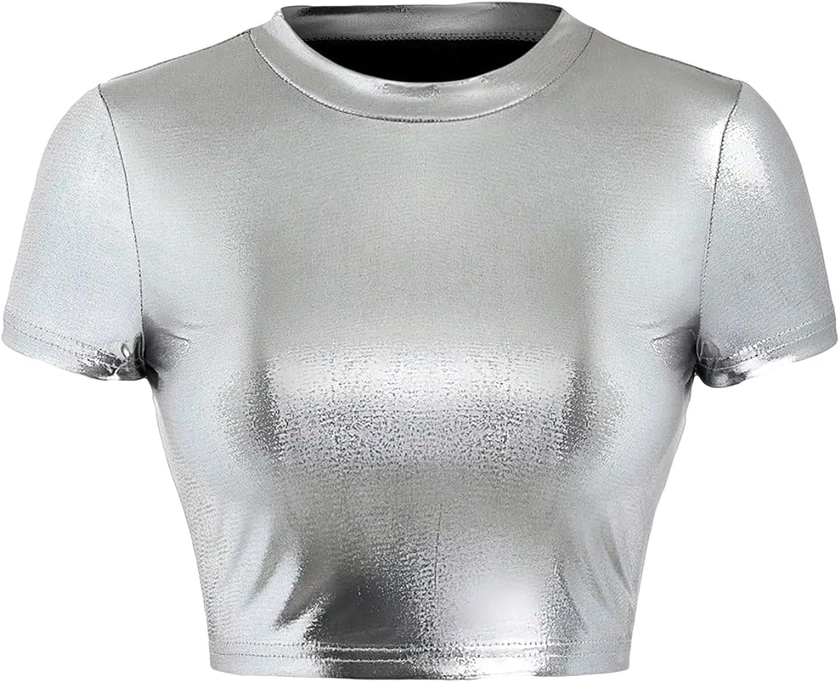 SOLY HUX Women's Y2k Metallic Tee Mock Neck Short Sleeve Crop Tops T Shirt Solid Silver Small at Amazon Women’s Clothing store