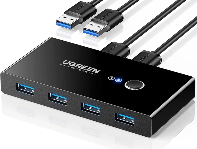 UGREEN USB 3.0 Switch 4 Port USB Switch Selector 5Gbps High-Speed Peripheral Sharing Switcher for 2 Computer Share Mouse Keyboard Compatible with Laptop Scanner Printer 2 Pack 4.92ft Cable