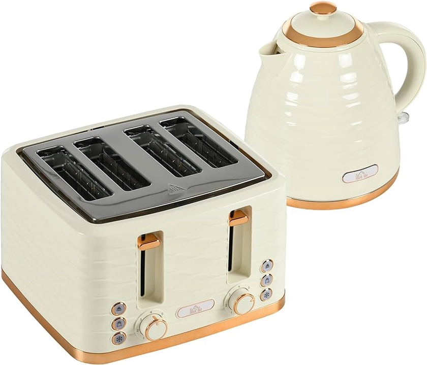 HOMCOM Kettle and Toaster Sets, 3000W 1.7L Rapid Boil Kettle & 4 Slice Toaster with 7 Browning Controls, Defrost, Reheat and Crumb Tray, Otter Thermostat, Beige