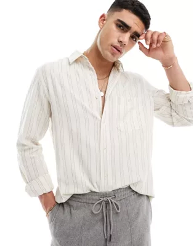 Selected Homme long sleeve shirt in textured stripe in ecru | ASOS