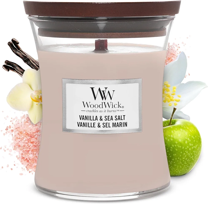 WoodWick bougie parfumée moyenne en jarre avec mèche qui crépite, Vanille & Sel marin, Temps de combustion jusqu'à 60 heures