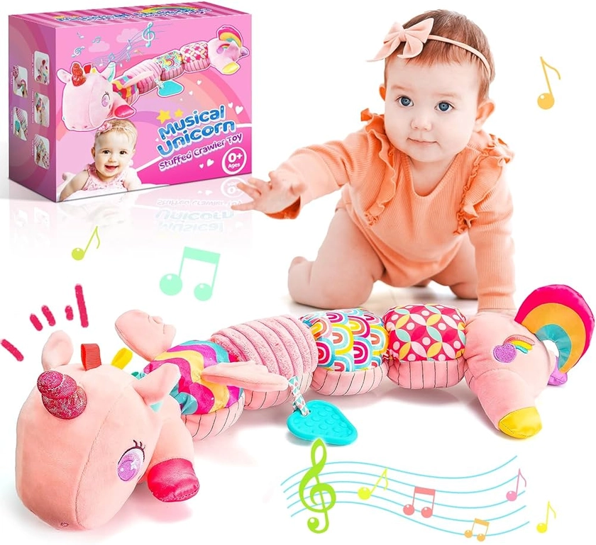 Toyzey Jouet Sensoriel Bébé 0-6 Mois Jeux Montessori de Nouveauné Fille Cadeau de Naissance Licorne Jouet Peluche Chenille Musicale