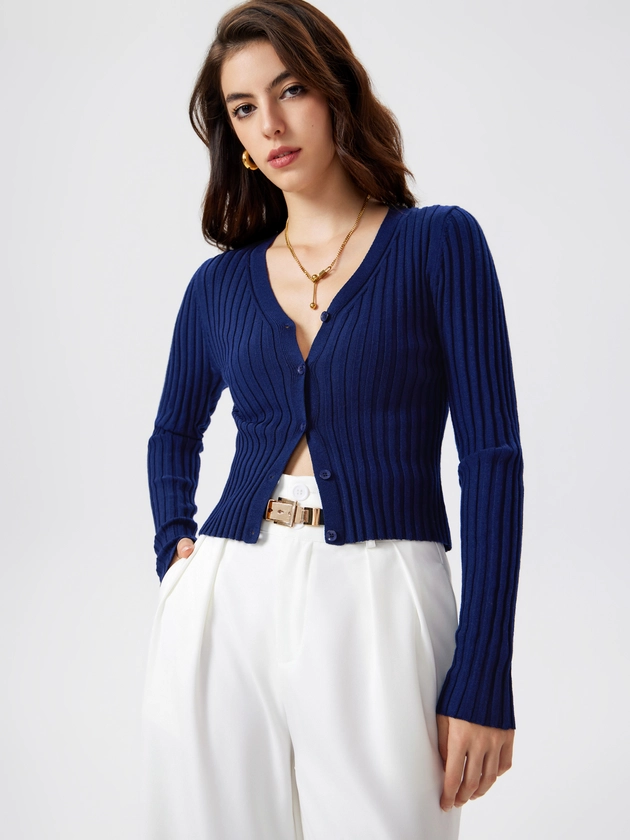 Cardigan Bouton Solide Col V en Mélange de Laine