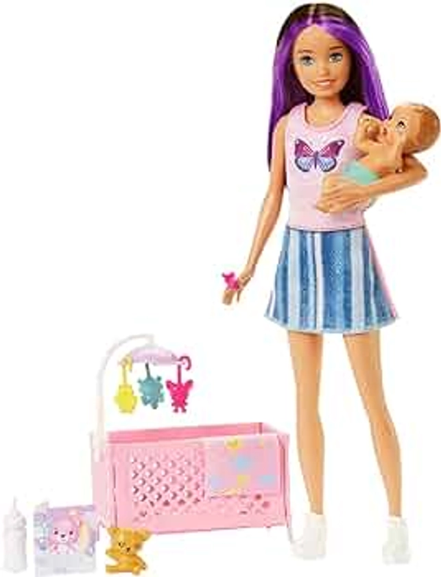 Barbie Doll and Crib Playset with Skipper Doll, Baby with Sleepy Eyes, Furniture and Themed Accessories, Babysitters Inc.