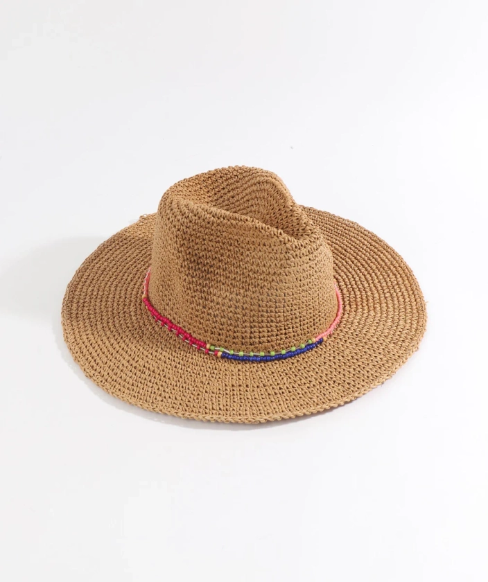 Natural Paper Straw Fedora Hat with Bead Embellishment