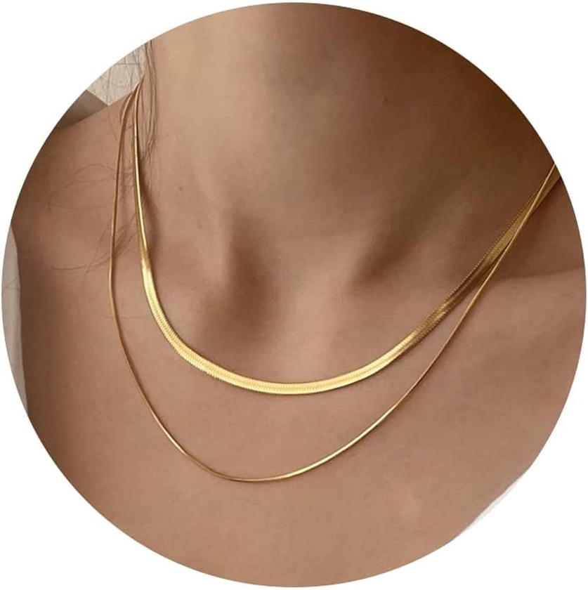 CHESKY 14K Gold/Silver Plated Snake Chain Necklace Herringbone Necklace Gold Choker Necklaces for Women Girl Gifts Jewelry 1.5/3/5MM(W) 14"/16"(L)