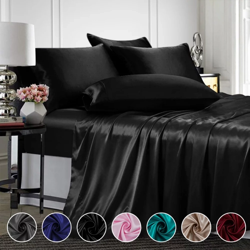 ANMINY Satin Sheets Queen Silk Sheets Black Bed Sheet Set Deep Pocket Bed Flat Fitted Sheet, 4-Pieces