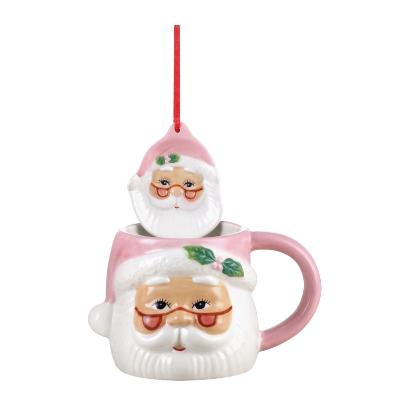 Mr. Christmas 16 oz. Ceramic Santa Mug and Ornament Set - White and Pink